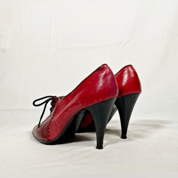 Vintage Burgundy Leather Lace Up Witchy Oxford Spike Heel Shoes~10~ - Picture 4 of 7